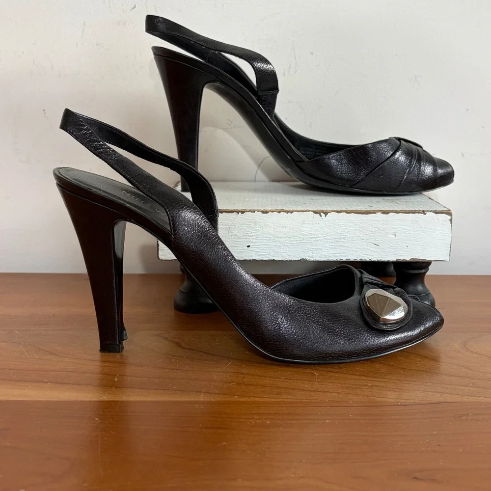 Nine West Black Leather Slingback Peep Toe Heels Silver Hardware Stiletto 10M